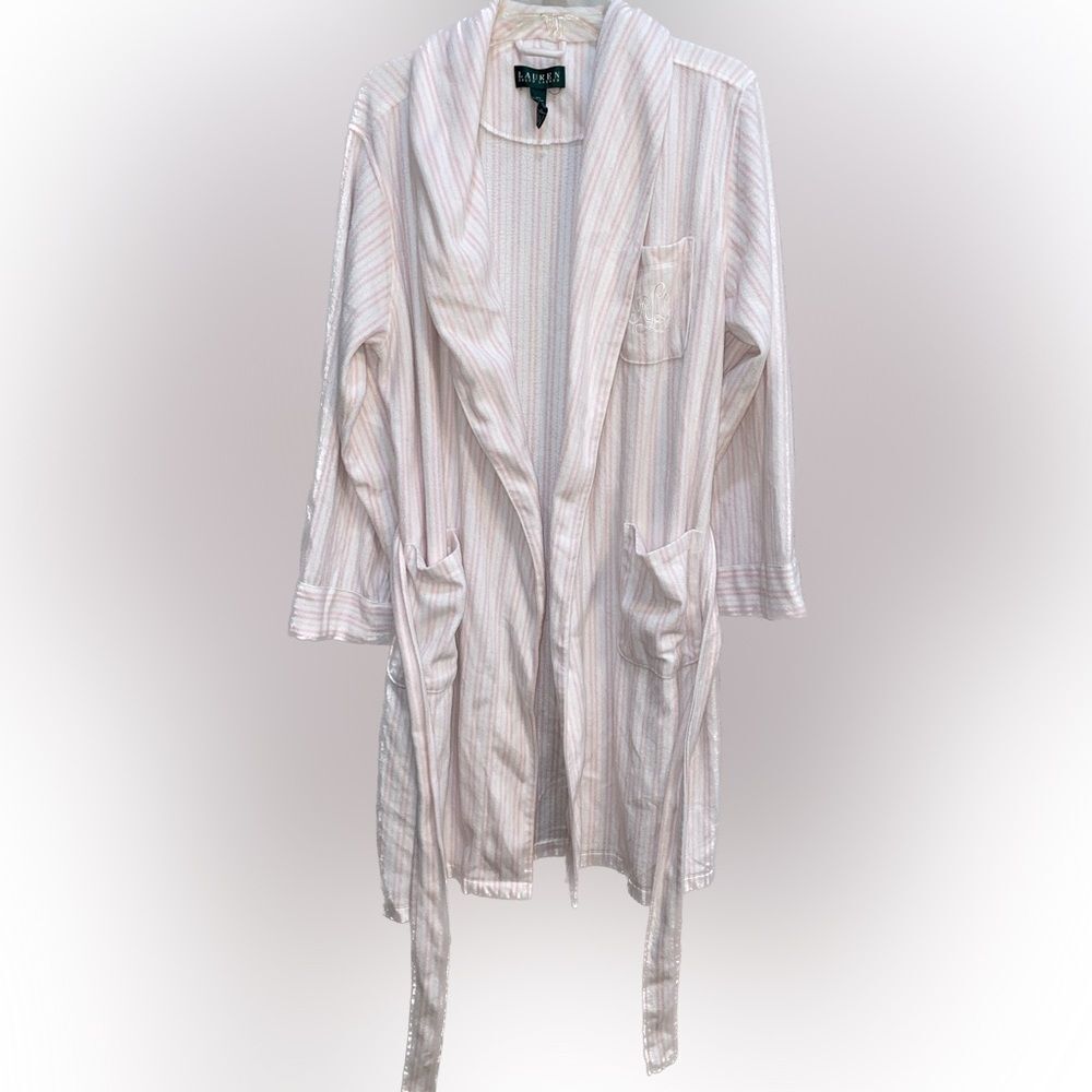 Lauren Ralph Lauren Pink White Vertical Thin Striped Long Bath Robe Size XL